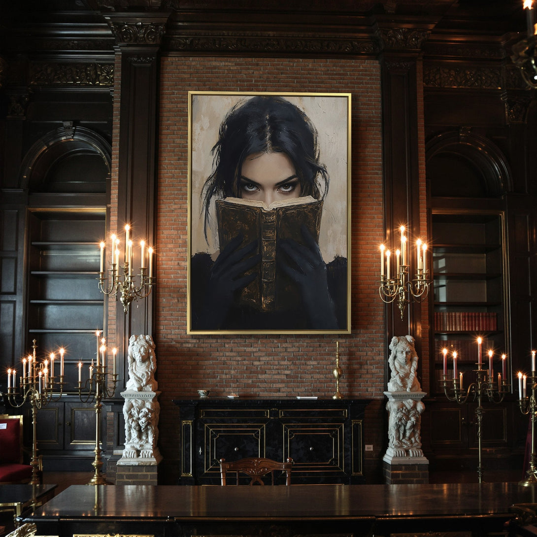 Canvas Print: Gothic portrait of woman reading, dark aesthetic with black, gold, and cream tones. Perfect for Halloween decor!
