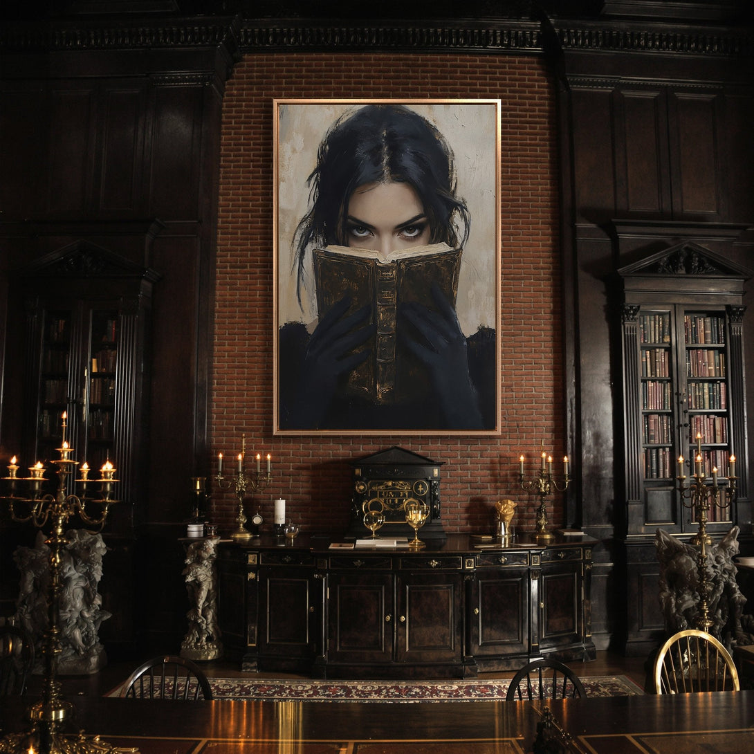 Framed Wall Art: Moody portrait of a woman reading, dark palette. Perfect for a gothic or vintage interior. Add a touch of mystery to your space!