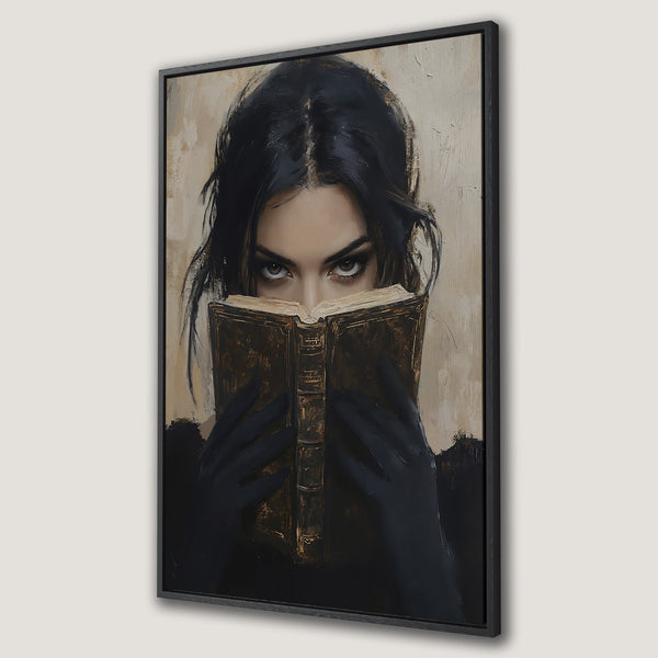 Framed Wall Art: Mysterious woman reading. Dramatic oil painting with black, gold, and beige tones. Perfect for adding a touch of intrigue to your space.