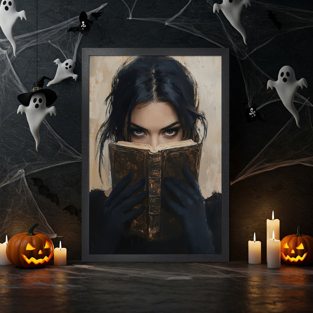 Framed Poster of woman reading, Halloween art, dark color palette. Spooky decor for your home.