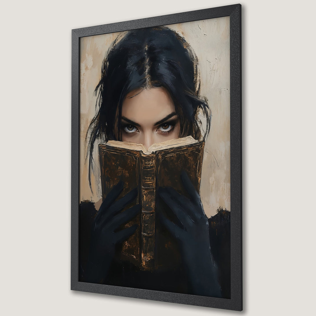 Framed Poster: Mysterious woman reading, dramatic oil painting style, dark palette with gold accents. Add this stunning art to your wall!