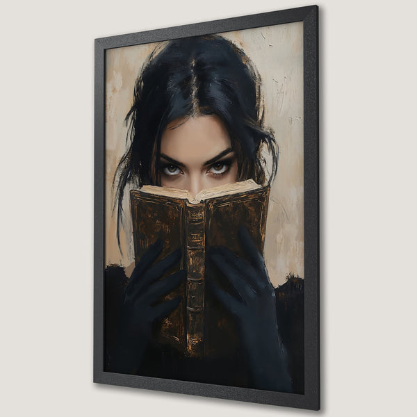 Framed Poster: Mysterious woman reading, dramatic oil painting style, dark palette with gold accents. Add this stunning art to your wall!