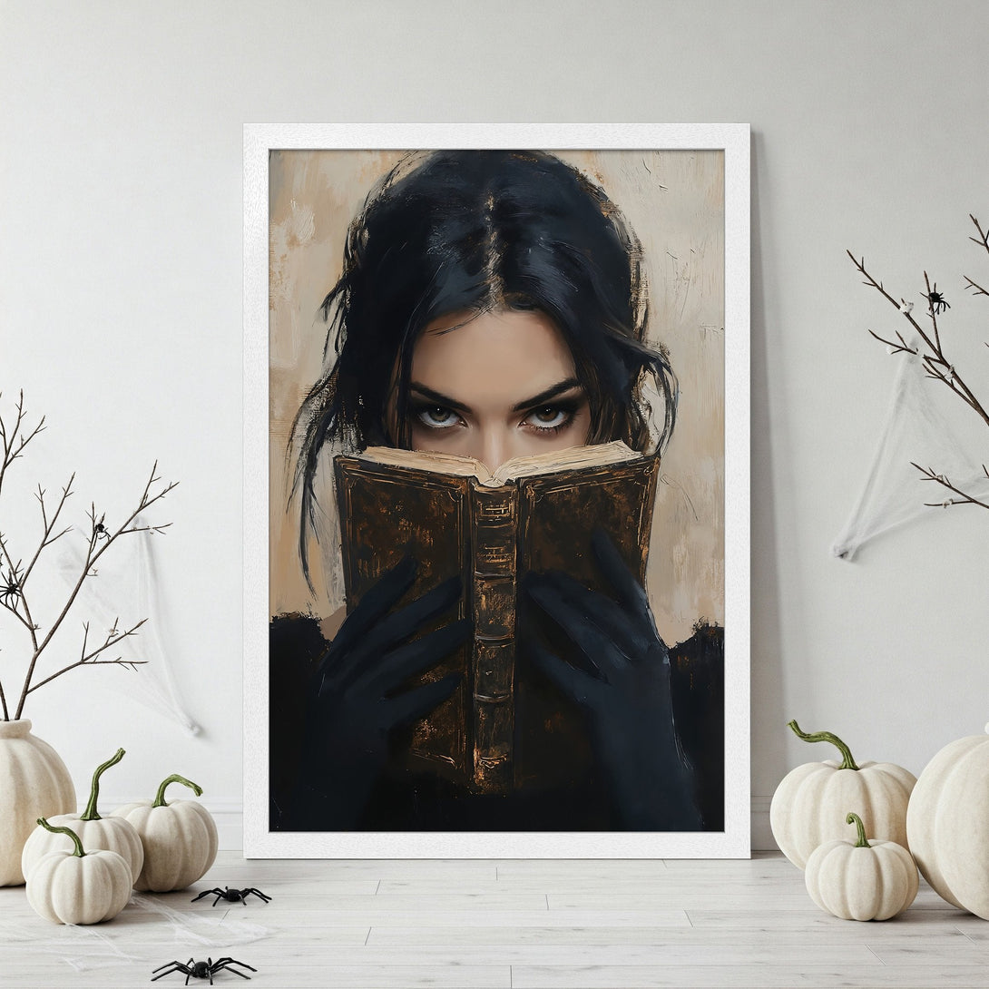 Framed Poster featuring a mysterious woman reading a book, dark and moody art style, with a neutral color palette. Perfect for Halloween decor!