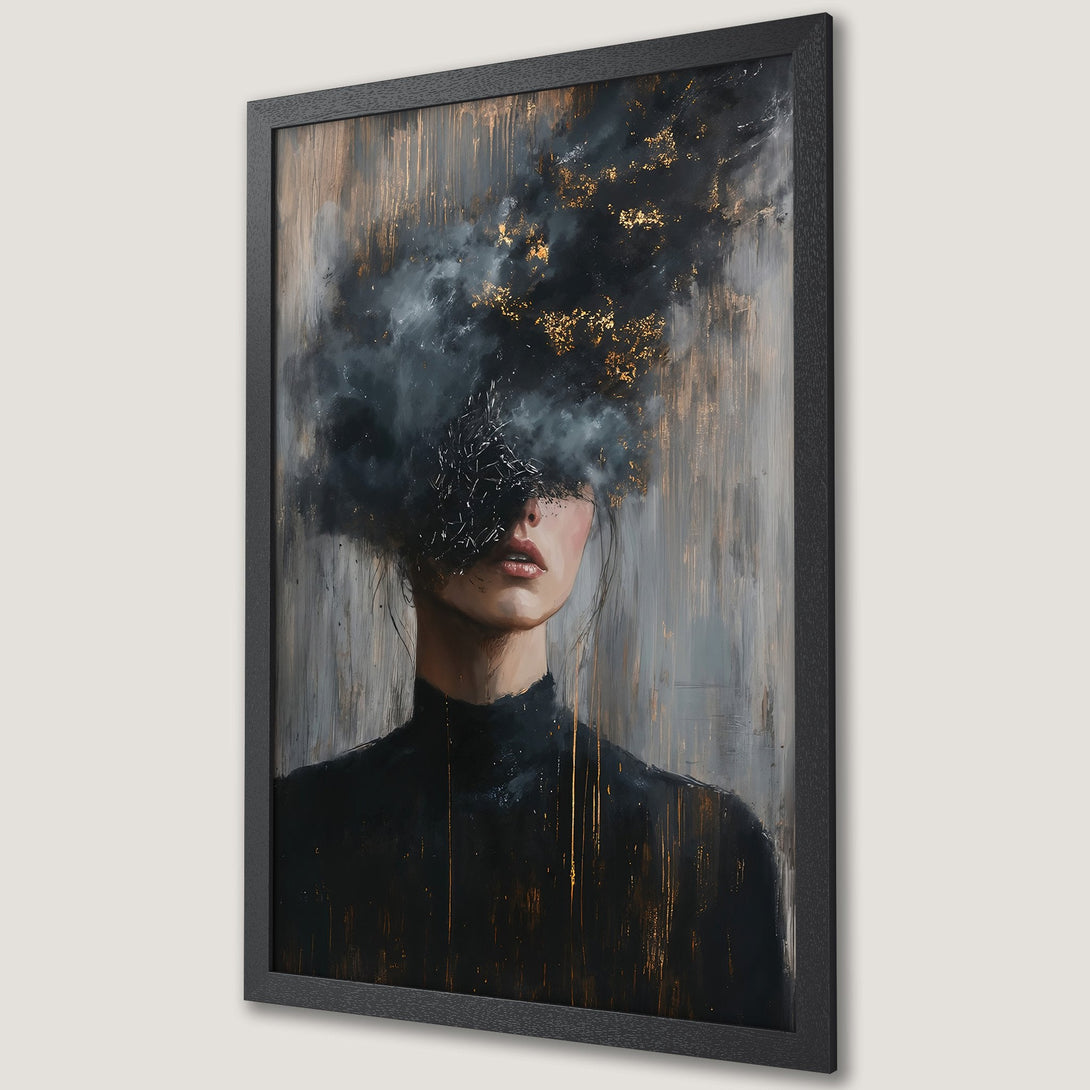 Framed Poster featuring an abstract portrait with a dark, moody palette of black, gold, and gray. Perfect for modern decor.