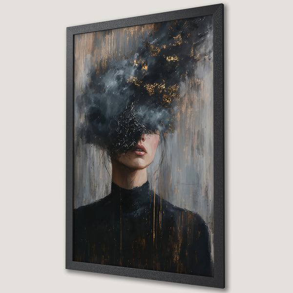 Framed Poster featuring an abstract portrait with a dark, moody palette of black, gold, and gray. Perfect for modern decor.