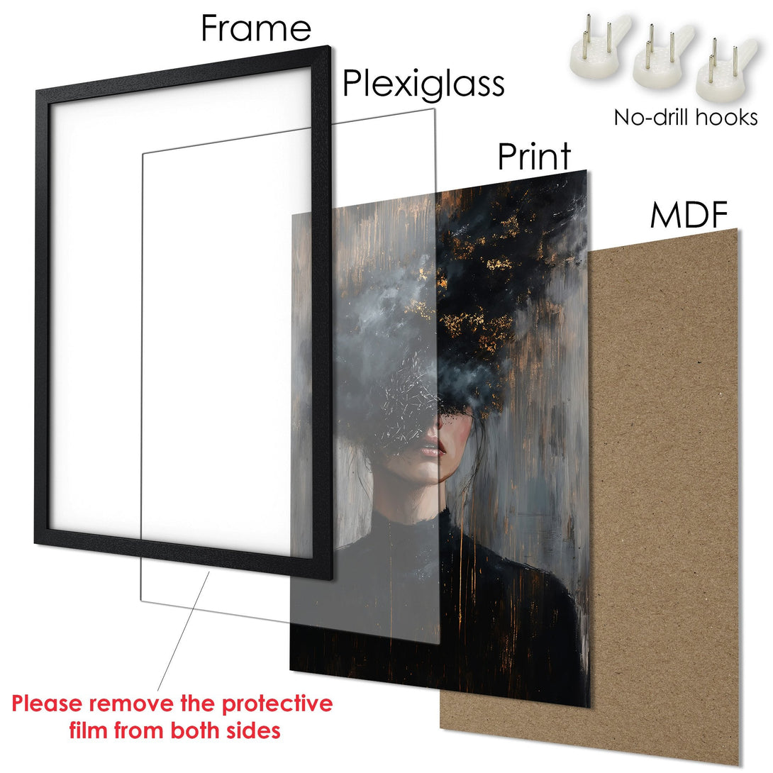 Framed Poster featuring an abstract portrait in a moody, gray and gold color palette. Enhance your space with this art poster!