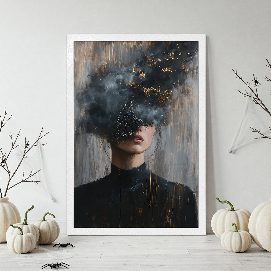 Framed Poster featuring a woman with a cloud head, abstract style, dark gray and gold palette. Perfect wall art for your home.