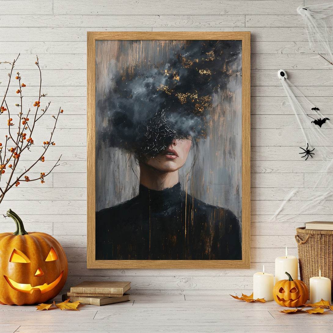 Framed Poster featuring a woman with abstract art in a moody, grayscale palette. Perfect for Halloween decor!