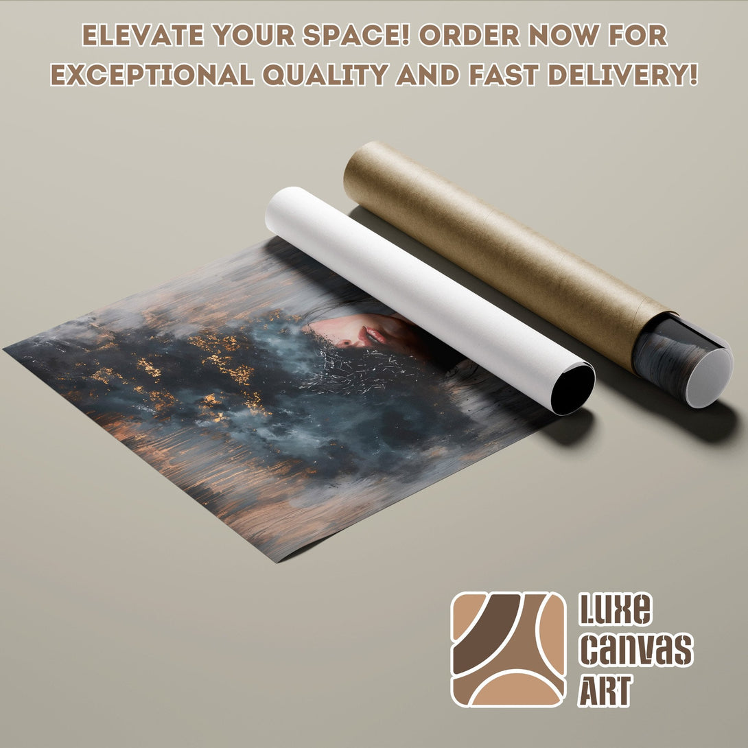 Abstract art poster roll in blue, gold, and brown tones. Elevate your space with Luxe Canvas Art!