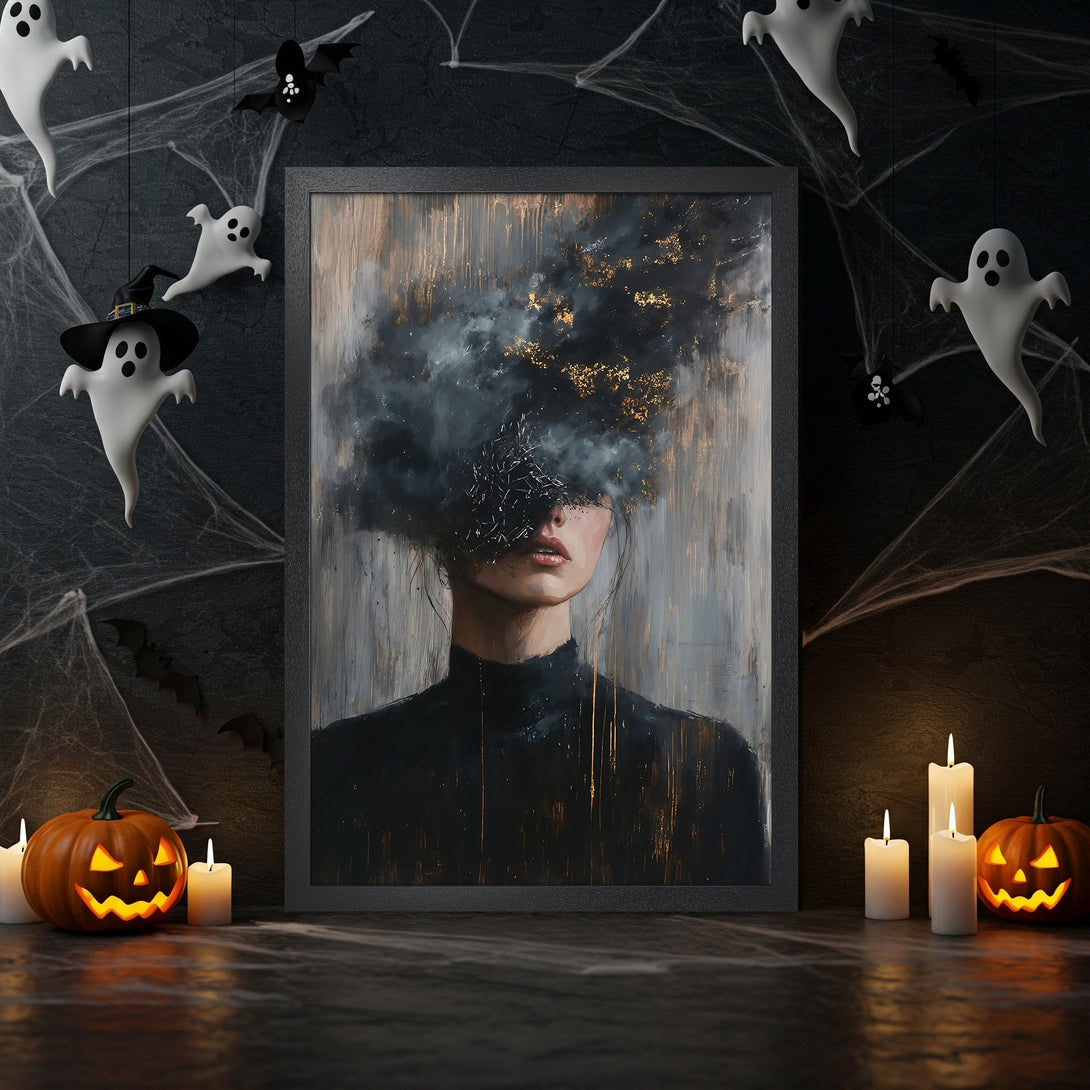 Framed Poster featuring a woman with a cloud head, abstract style, dark and gold color palette, perfect for Halloween decor.