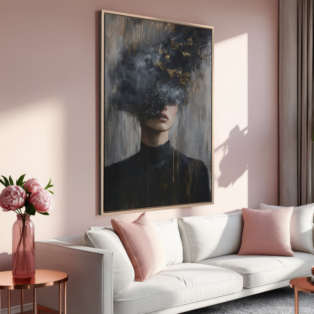 Framed Wall Art: Abstract portrait in moody, modern style. Features a woman with dark hair and gold accents. Soft pink and neutral color palette.