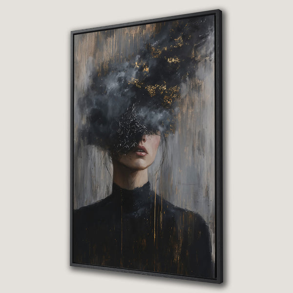 Framed Wall Art featuring an abstract portrait in a moody color palette of black, gray, and gold. Perfect for adding artistic flair to any space.