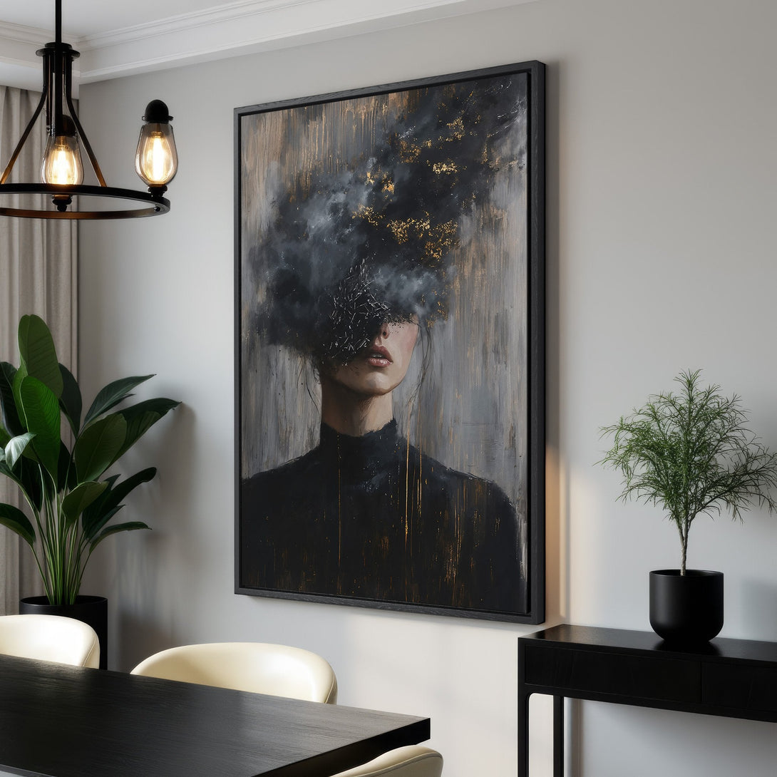 Framed Wall Art: Abstract portrait Canvas Print in neutral tones with gold accents. Modern art for sophisticated home decor.