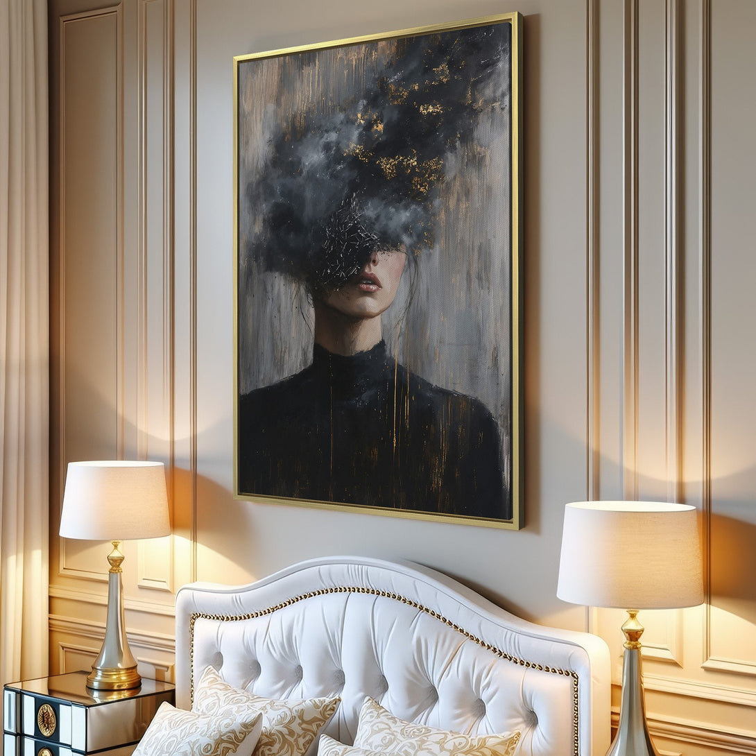 Canvas Print of a woman with a cloud-like head, in a minimalist, abstract style. Features a moody, neutral color palette with gold accents.