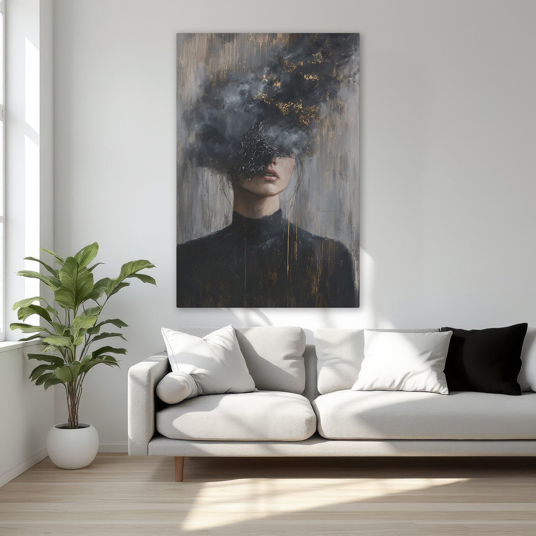 Framed Wall Art featuring an abstract portrait in a moody color palette of black, gold, and gray. Perfect for adding an artistic touch to your space.