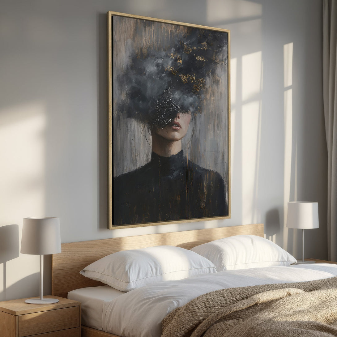 Framed Wall Art: Abstract portrait canvas print in a bedroom. Features a woman with a dark, gold, and gray color palette, perfect for modern decor.