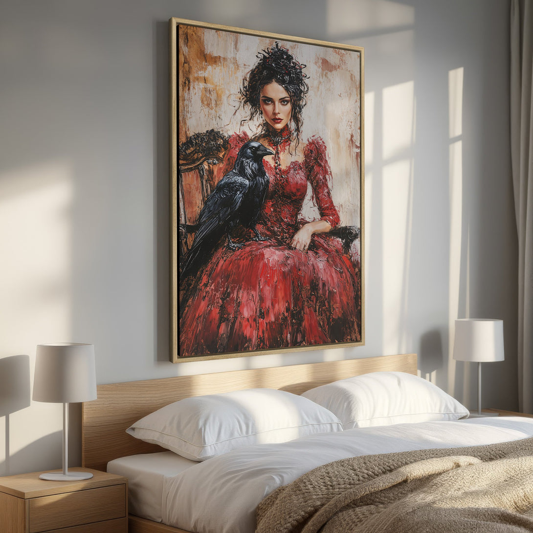 Framed Wall Art: Dramatic portrait of a woman with a raven, painted in a rich red and gold palette. Perfect for adding gothic flair to your bedroom.