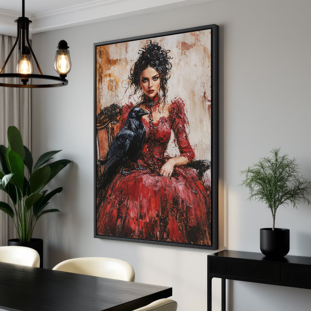 Framed Wall Art: Gothic portrait of a woman in red dress with a raven. Dramatic oil painting with a red, black, and neutral color palette. Perfect for home decor.