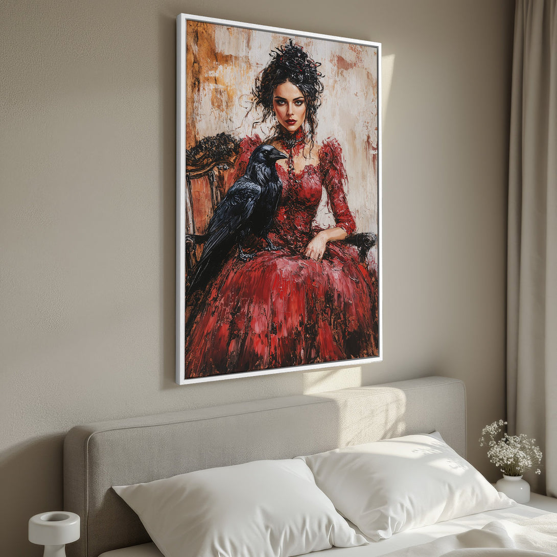 Framed Wall Art: Dramatic portrait of a woman in red with a raven, painted in a bold, textured style. Rich red, black, and neutral tones.