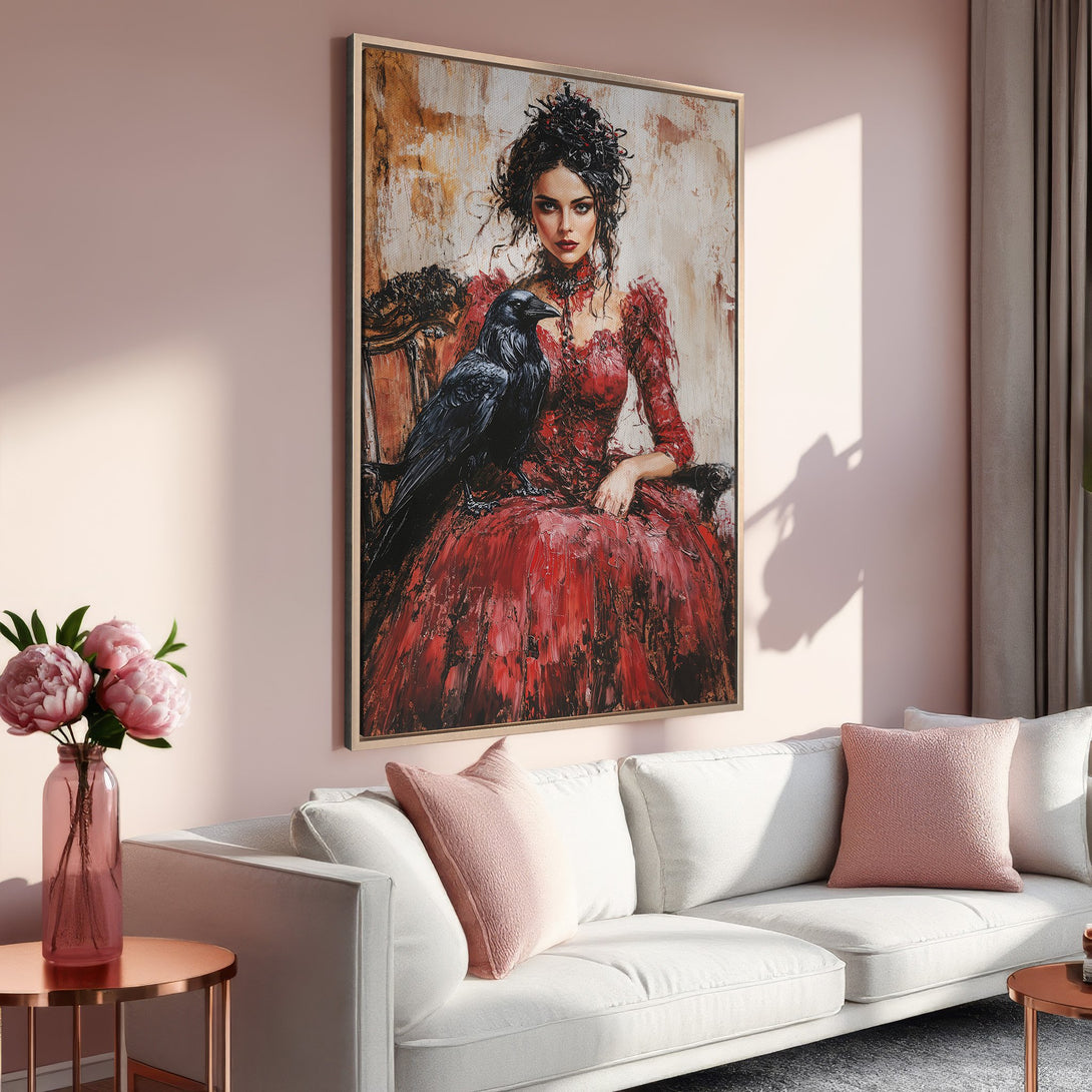 Framed Wall Art: Gothic woman with raven in red dress. Dramatic oil painting style. Warm pink and red color palette. Perfect for home decor.