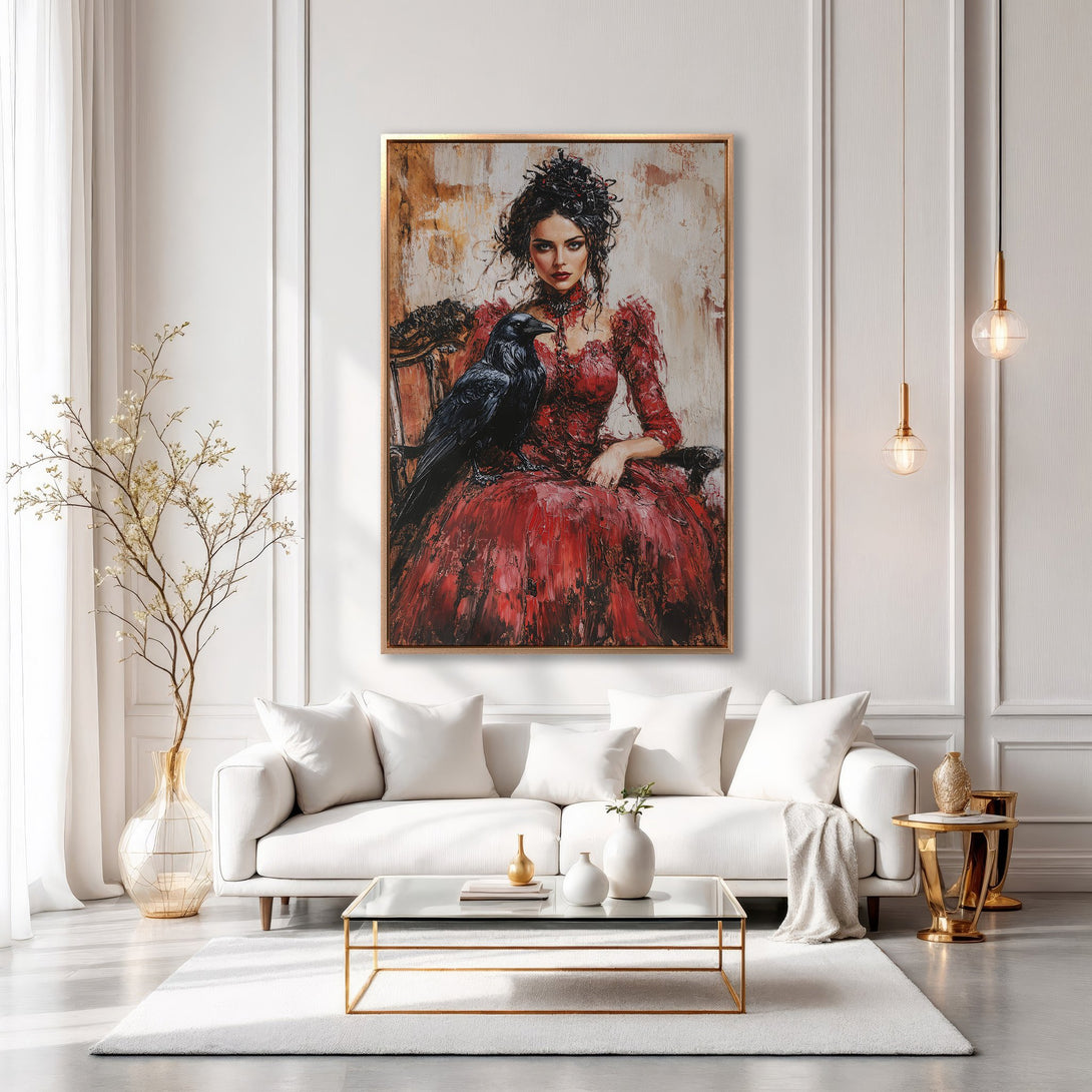 Framed Wall Art: Gothic woman with raven in red dress. Dramatic oil painting style. Rich red and gold color palette, perfect for elegant home decor.