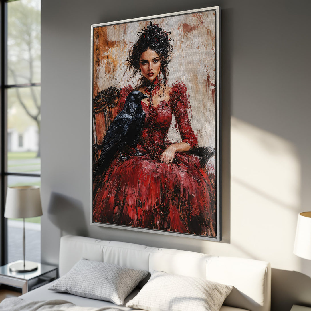 Framed Wall Art: Gothic woman with raven, dramatic oil painting style. Rich red and black color palette. Elevate your space with this stunning canvas print.