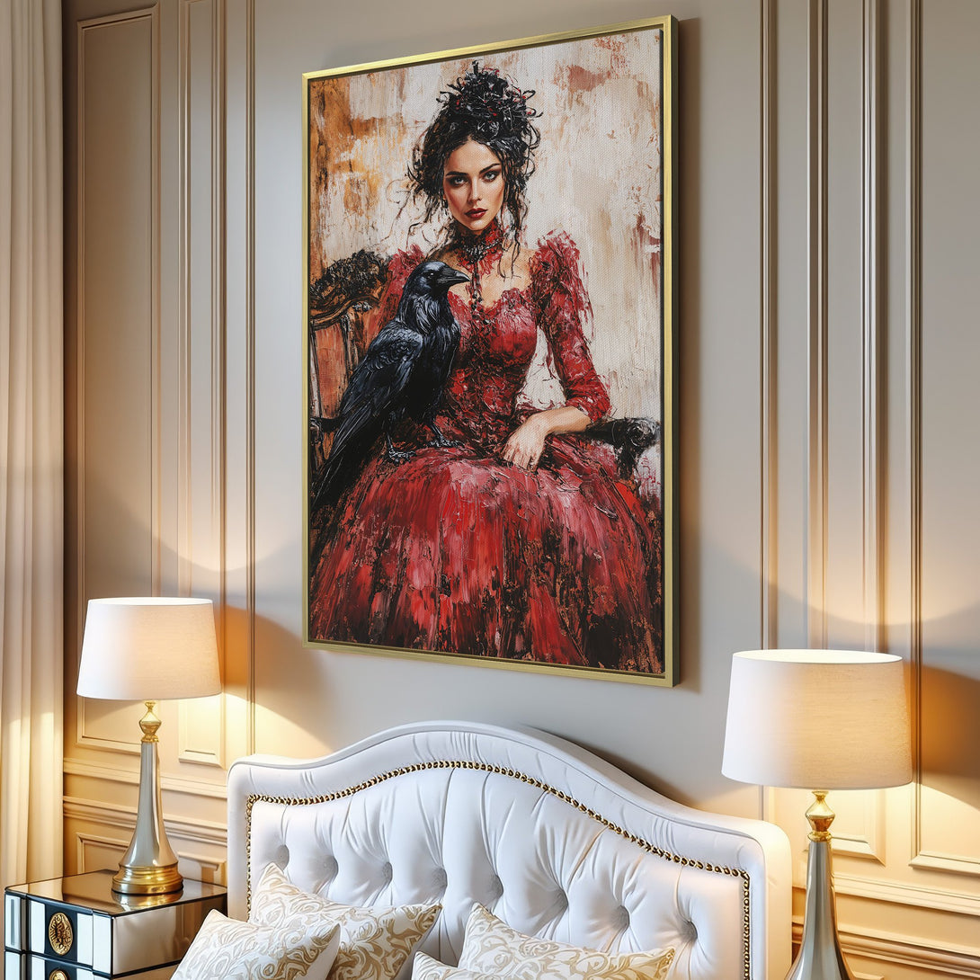 Canvas Print of a woman with a raven in a red dress, oil painting style, warm red and neutral tones. Perfect wall art!