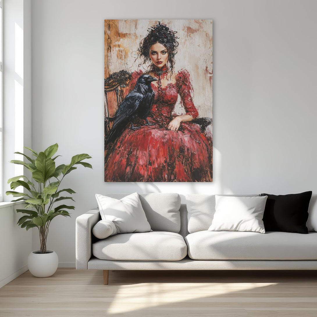 Framed Wall Art: Gothic portrait of a woman in red dress with a raven. Dramatic oil painting style with a warm, rich color palette. Perfect bedroom decor.