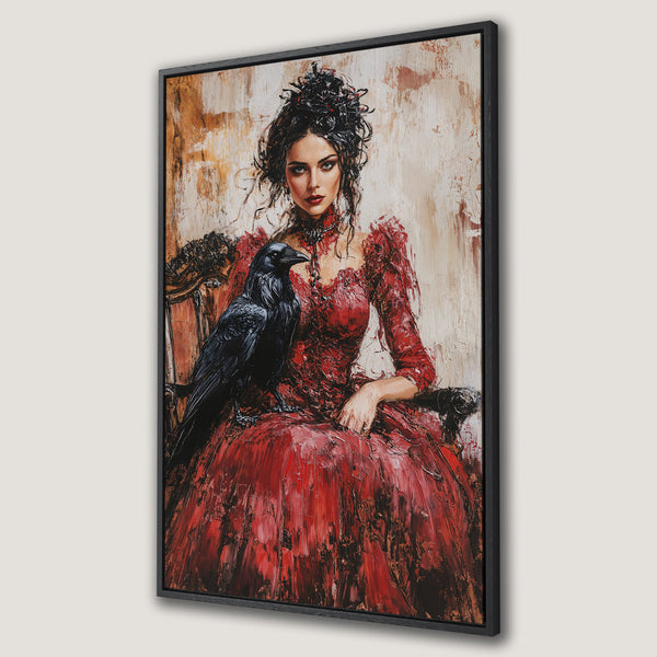 Framed Wall Art: Gothic portrait of a woman in red dress with a raven. Oil painting style, rich red, black, and gold color palette. Perfect for statement decor.