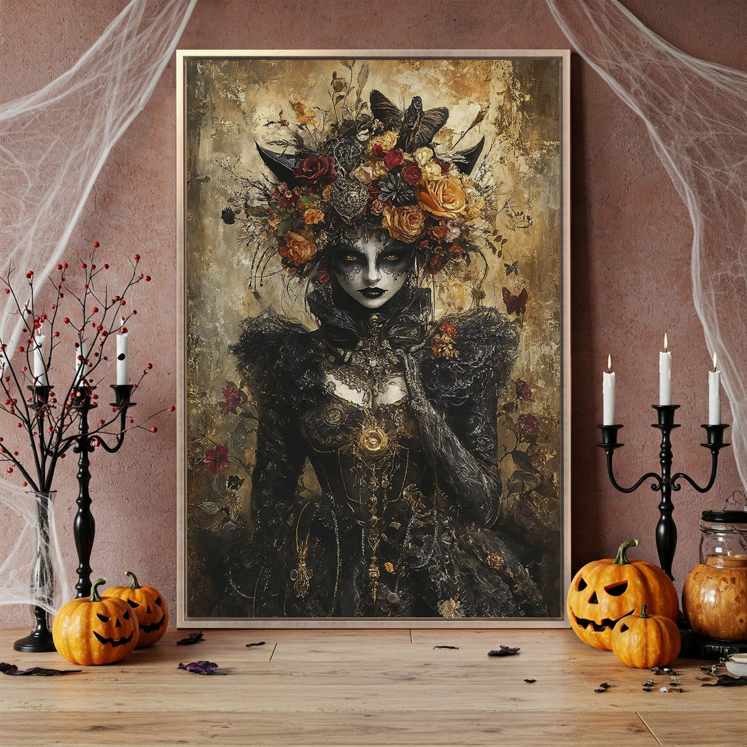 Framed Wall Art of a gothic woman with floral headdress. Dark, moody artwork in a vintage style with a gold and black color palette, perfect for Halloween decor.