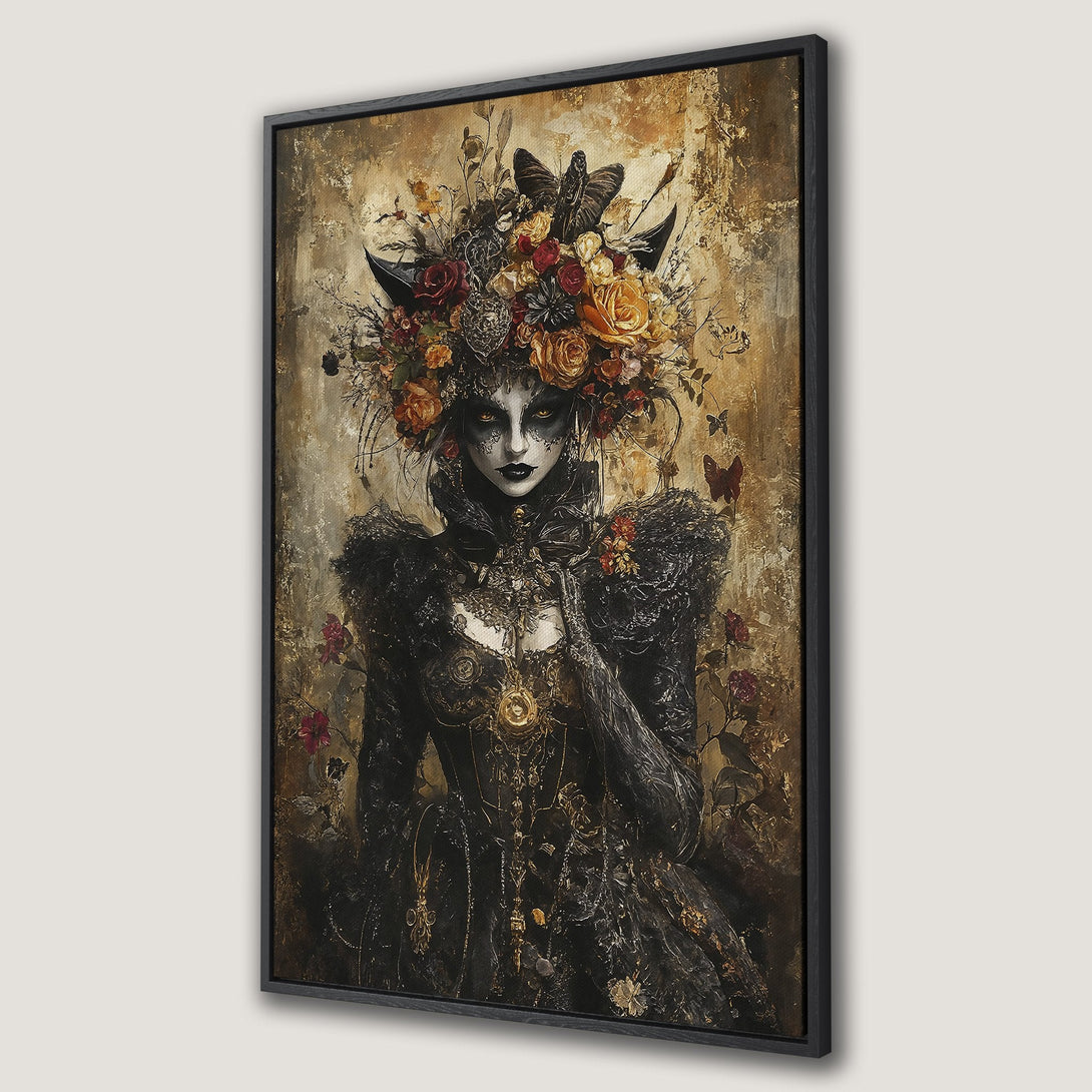 Framed Wall Art featuring a gothic woman with floral headpiece, dark color palette, and vintage style. Perfect for adding a touch of mystery to your space.