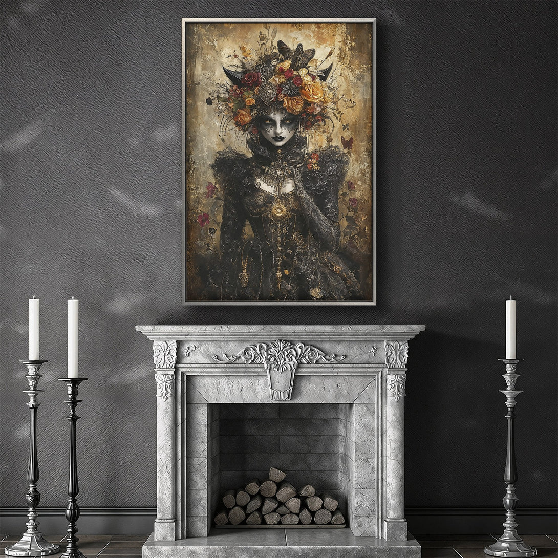 Framed Wall Art: Gothic portrait Canvas Print with floral crown, dark color palette, and dramatic interior decor. Elevate your space with this unique artwork!