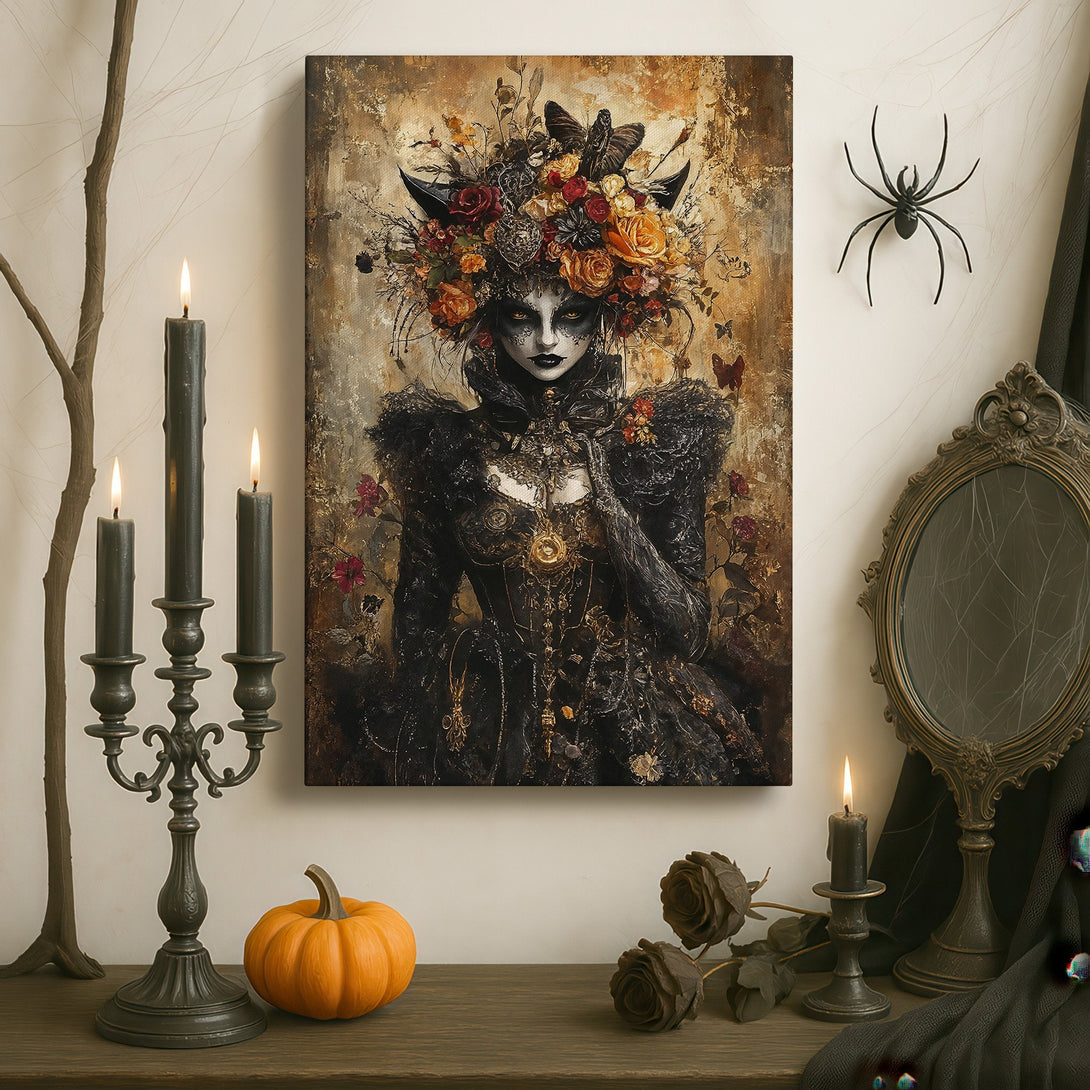 Framed Wall Art featuring a gothic portrait with floral crown. Dark, moody color palette. Perfect for adding a touch of mystery to your space.
