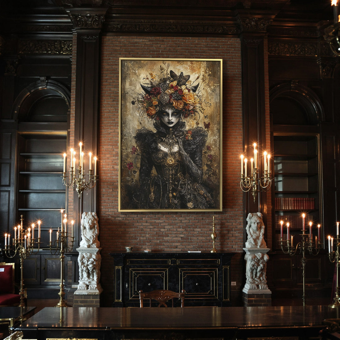 Canvas Print of a gothic queen with floral crown, in a moody, vintage style. Features a dark, warm color palette perfect for Halloween decor.