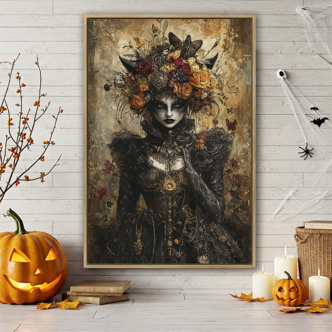 Framed Wall Art: Gothic woman portrait with floral crown, dark and gold color palette, perfect for Halloween decor. Add a touch of mystery!