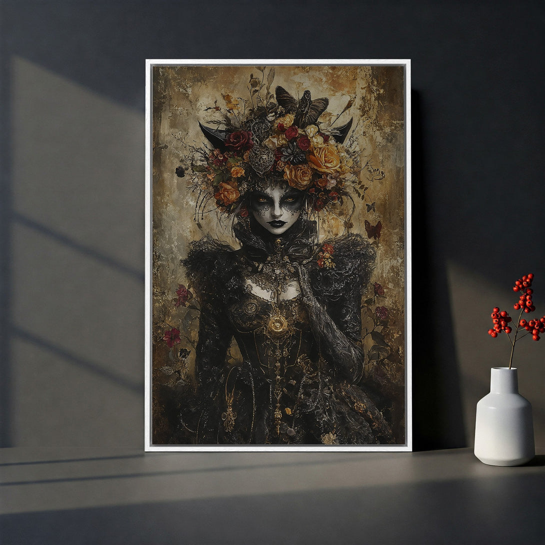 Framed Wall Art featuring a gothic woman with a floral crown, in a dark, moody color palette. Perfect for adding a touch of mystery to your home decor.