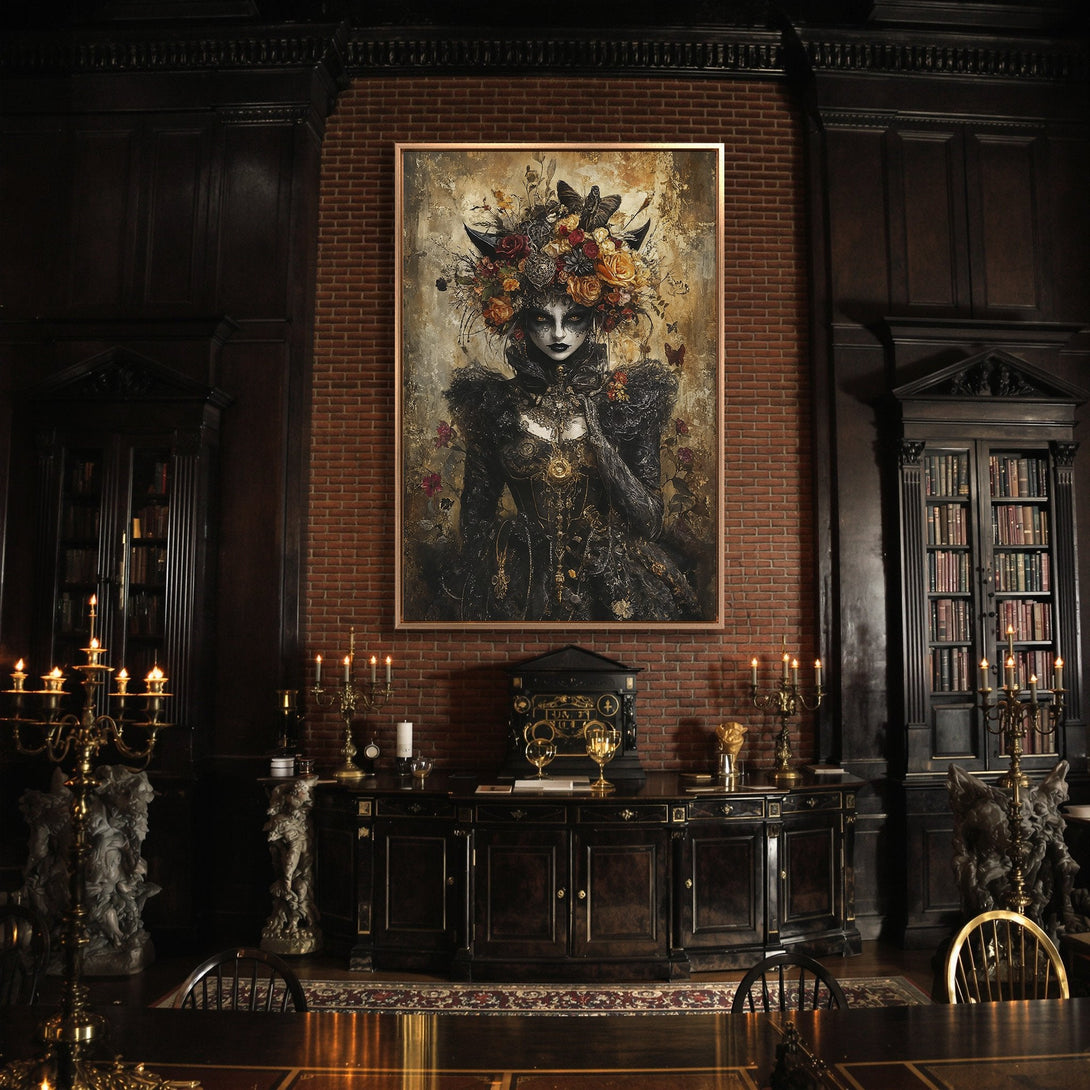 Framed Wall Art: Gothic portrait Canvas Print in a dark, moody interior. Features a woman with floral crown, rich black, gold, and warm earth tones. Elevate your space!