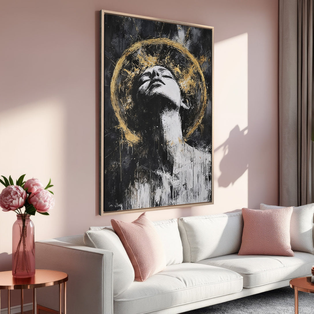 Framed Wall Art: Modern abstract portrait in black, white, and gold. Adds elegance to any space. Shop our Canvas Print collection today!