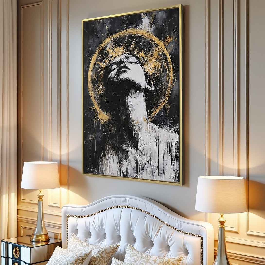 Canvas Print: Abstract portrait art in black, white, and gold. Modern wall decor with a striking color palette, perfect for living room or bedroom.