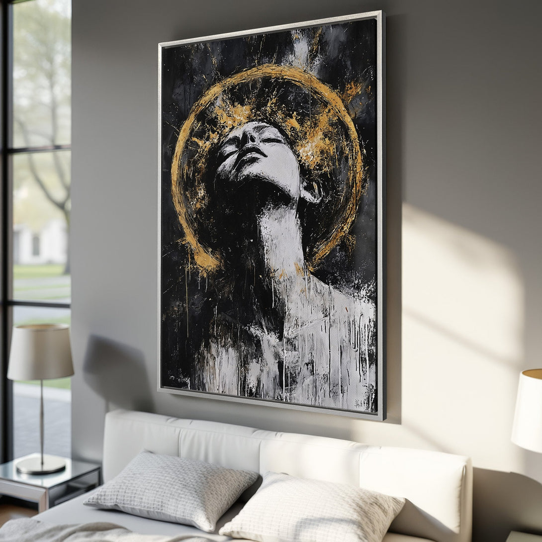 Framed Wall Art: Abstract woman portrait in black, white, and gold. Modern art Canvas Print for bedroom decor. Elevate your space with elegant art.