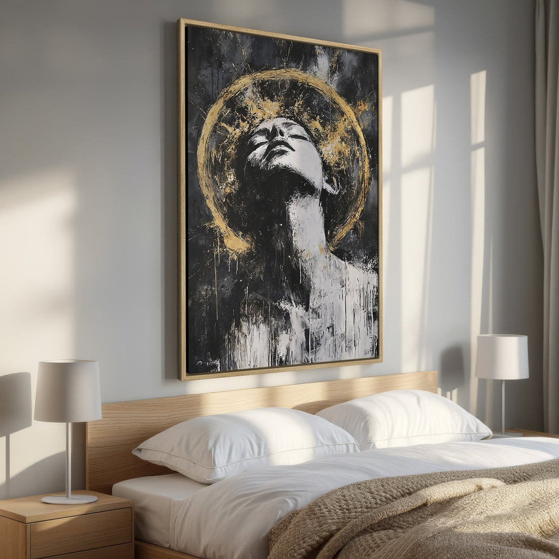 Framed Wall Art: Abstract portrait in black, white, and gold. Modern art canvas print adds elegance to bedroom decor. Shop now for stunning wall art!