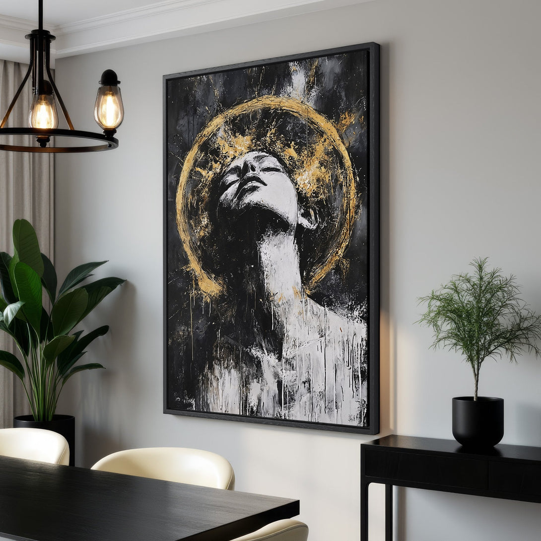 Framed Wall Art: Abstract woman portrait in black, white, and gold. Modern canvas art for a stylish home. Shop now & elevate your decor!