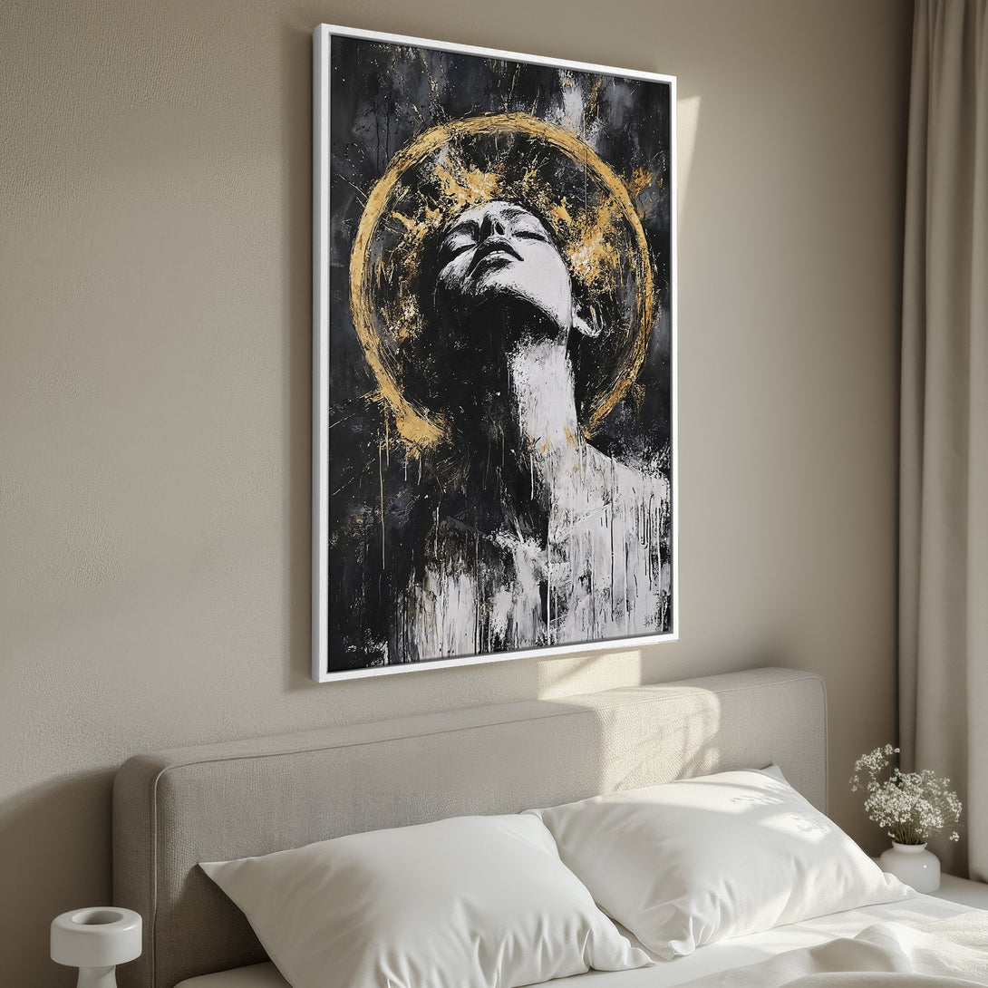 Framed Wall Art: Abstract woman portrait in black, white, and gold tones. Modern art canvas print adds elegance to bedroom decor.