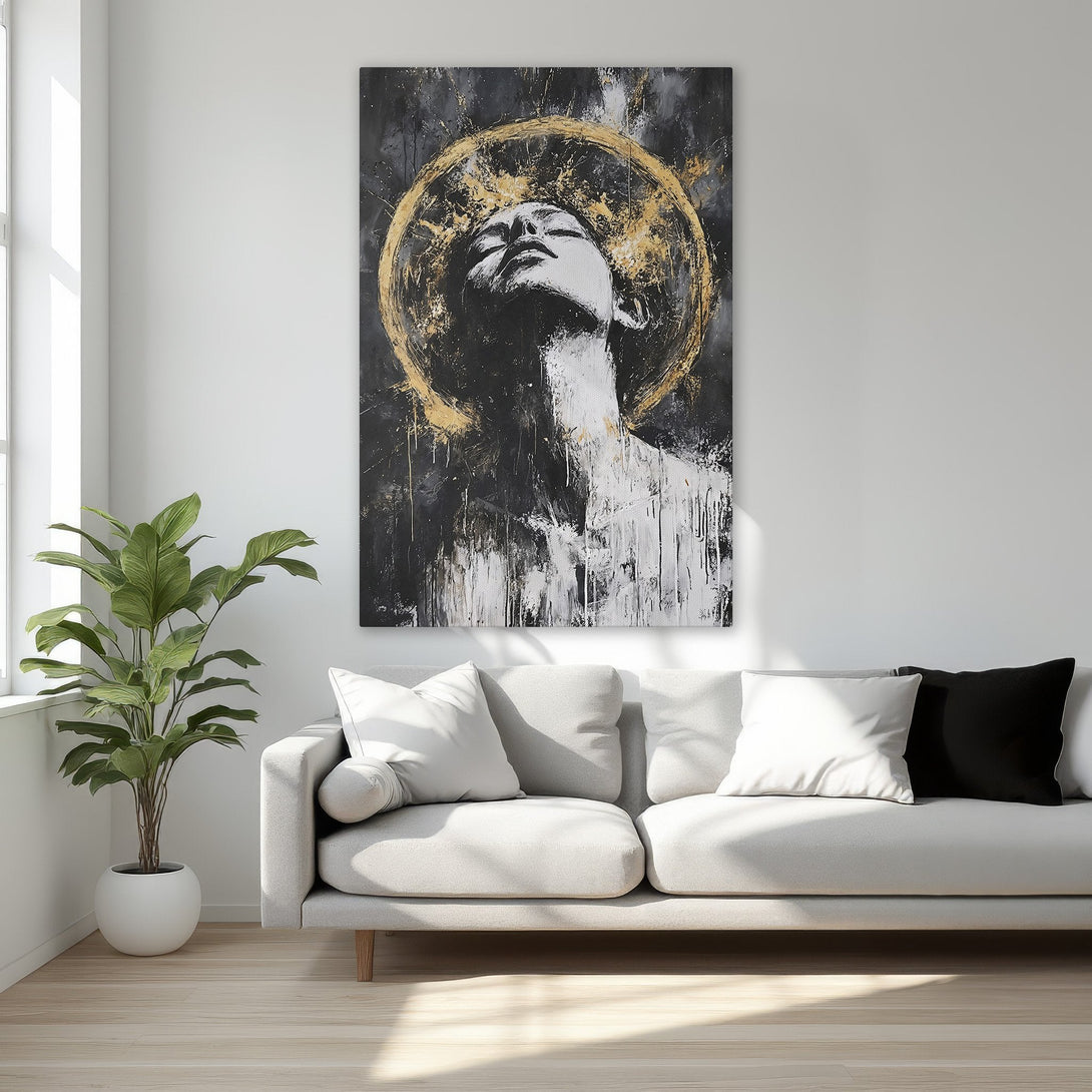 Framed Wall Art: Abstract portrait canvas print in black, white, and gold. Modern art for bedroom decor.