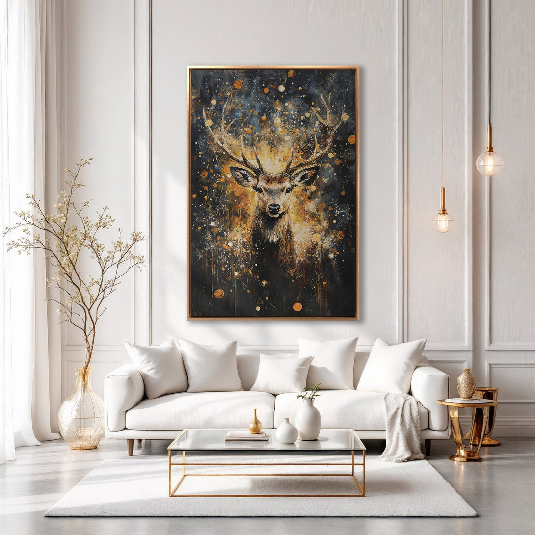Framed Wall Art featuring a majestic deer in a modern, abstract style with a black, gold, and brown color palette. Perfect for adding elegance to any space.