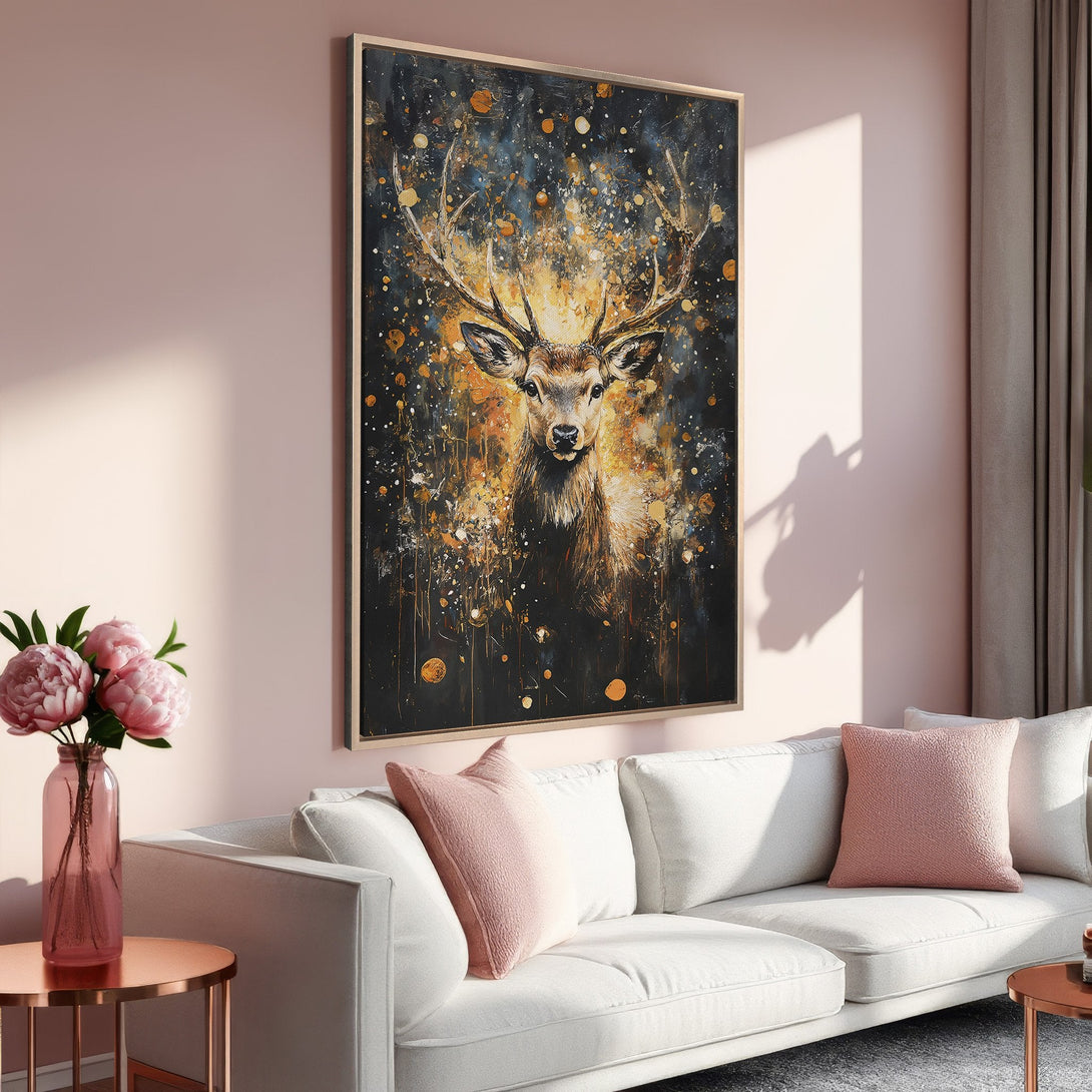 Framed Wall Art featuring a majestic deer in a modern, abstract style with a warm gold and black color palette. Perfect for adding elegance to any space.