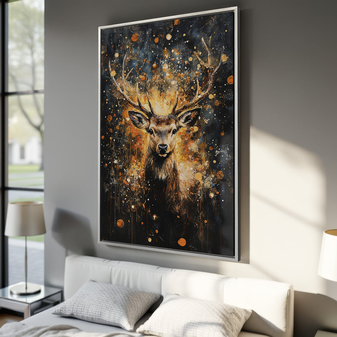 Framed Wall Art: Majestic deer portrait in abstract style with a warm orange and black color palette. Perfect for modern home decor.