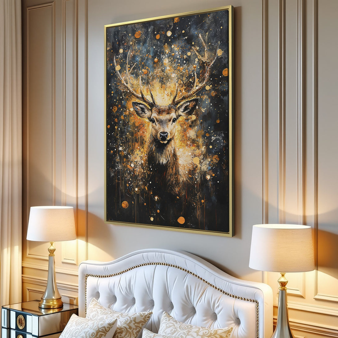 Canvas Print of a majestic deer in an abstract style with a dark, gold, and brown color palette. Perfect wall art for any home.