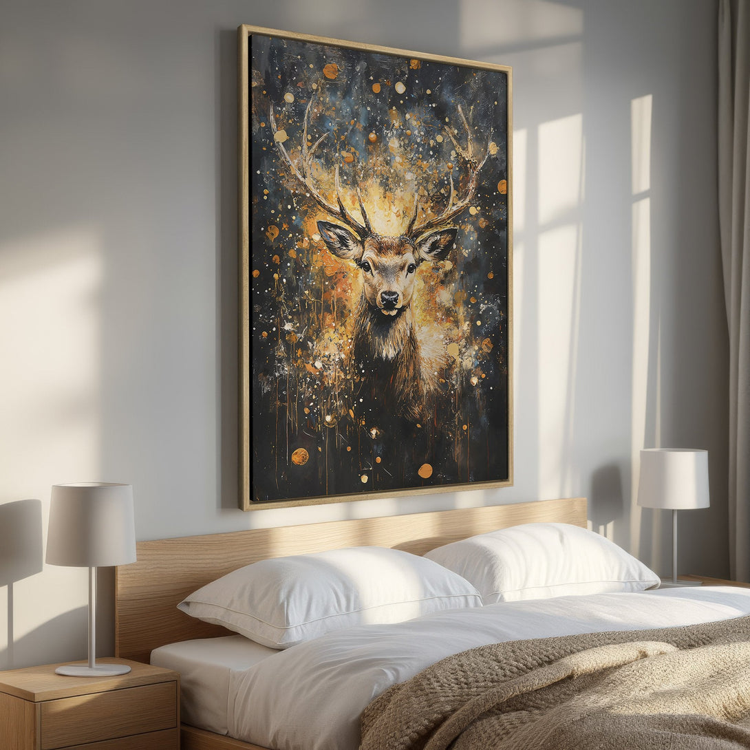 Framed Wall Art: Majestic deer portrait in a bedroom. Abstract style with a dark, moody backdrop and warm gold & orange accents. Perfect for a cozy, stylish space.