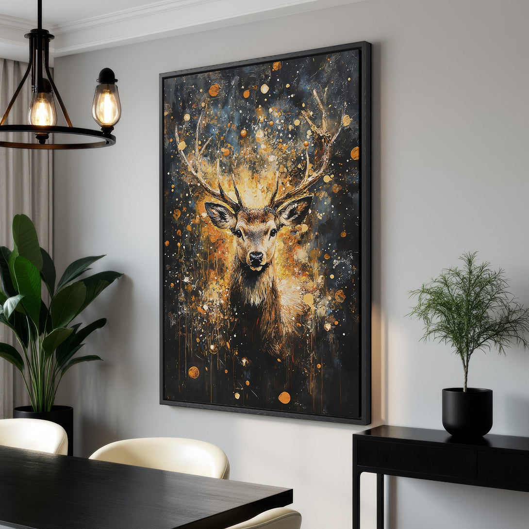Framed Wall Art: Stunning deer portrait Canvas Print in a modern interior. Features a warm, abstract style with a gold and black color palette.